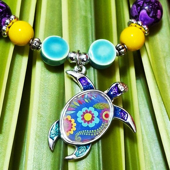 Artisan Hand Crafted Bracelet Turtle Flower Colorful Beaded OSFM - Picture 9 of 10